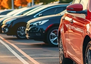 coches estacionados en hilera y vehículo rojo perpendicular