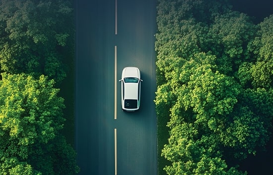 vista aérea de un vehículo eléctrico (EV) en una carretera con árboles en ambos lados.